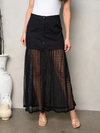 Black lace long maxi skirt with buttons detailed and sheer lace overlay for elegant style