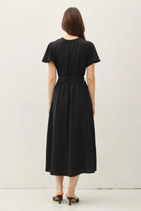 Black midi dress with ruffle cap sleeves and v-neck neckline with tie waist design