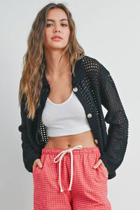 Black open stitch crochet collar cardigan with long sleeves from OPEN STITCH CROCHET collection