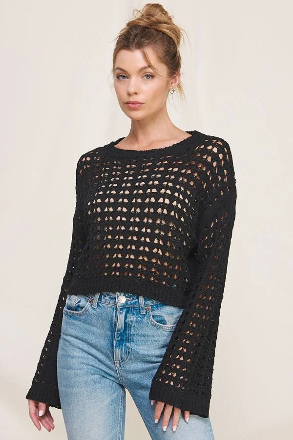 Black open weave sweater with long flared sleeves and a stylish cropped fit