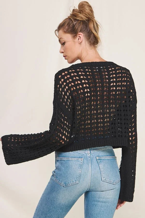 Black open weave sweater with long flared sleeves and cropped fit from LONG FLARED SLEEVE OPEN WEAVE SWEATER
