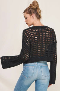Black open weave sweater with long flared sleeves and cropped fit from LONG FLARED SLEEVE OPEN WEAVE SWEATER