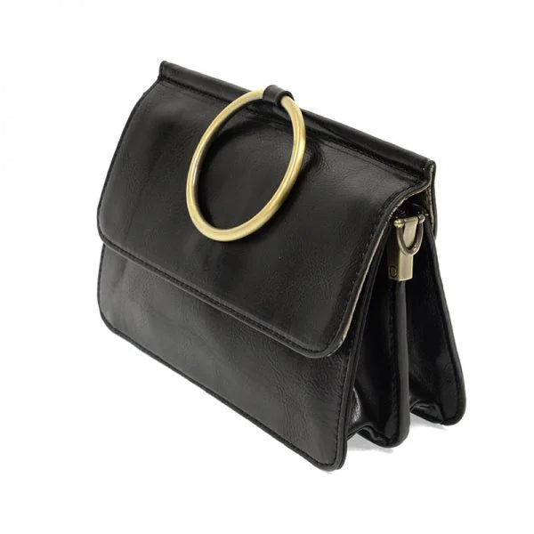 Black patent leather ARIA RING BAG with widest point gold O-ring handle and interior zip