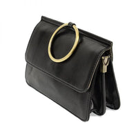 Black patent leather ARIA RING BAG with widest point gold O-ring handle and interior zip