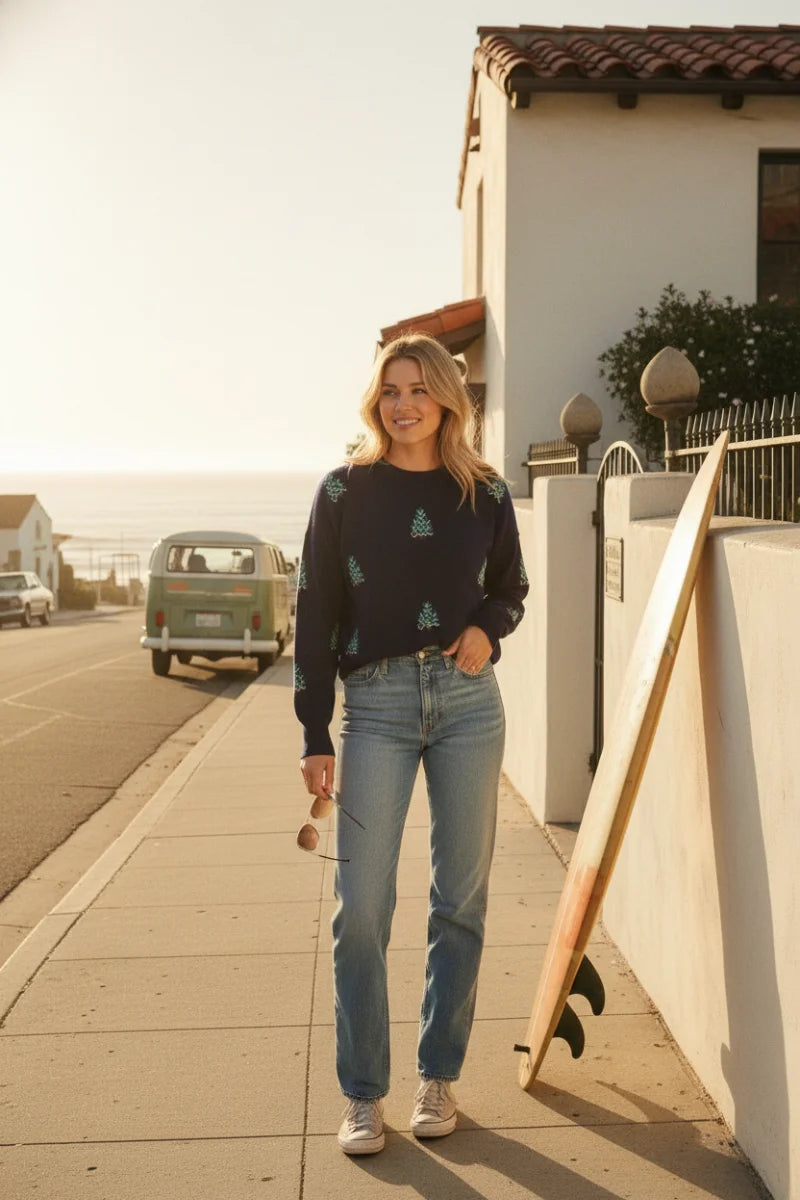 Black pineapple print long sleeve Christmas tree sweater in boho chic style