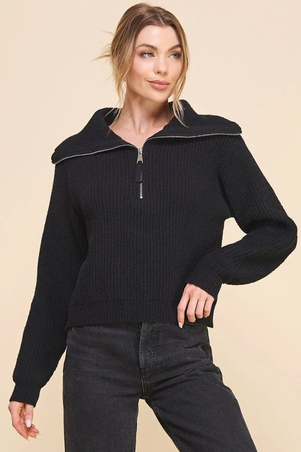 Black Soft Plush Half Zip Pullover Sweater with textured knit and contrasting zipper detail