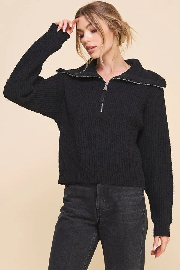 Black quarter-zip sweater with wide collar modeled by woman in Soft Plush Half Zip Pullover