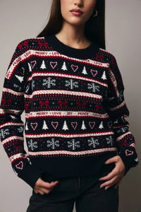 Round neck graphic Christmas sweater in black and red with snowflakes