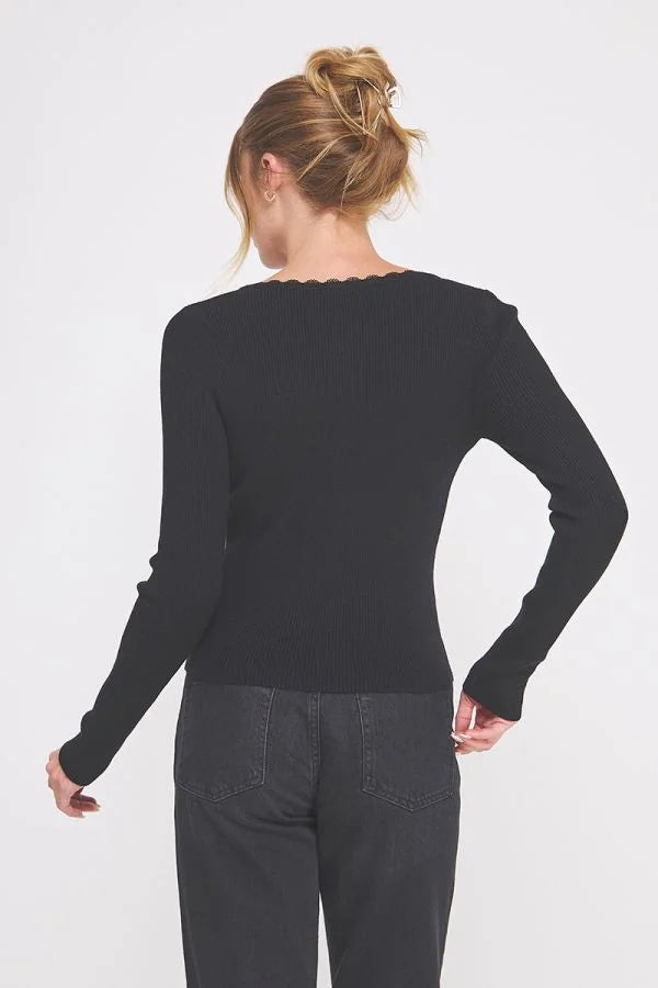 Black Gauge Rib Square Neck Lace Trim Long-Sleeve Top