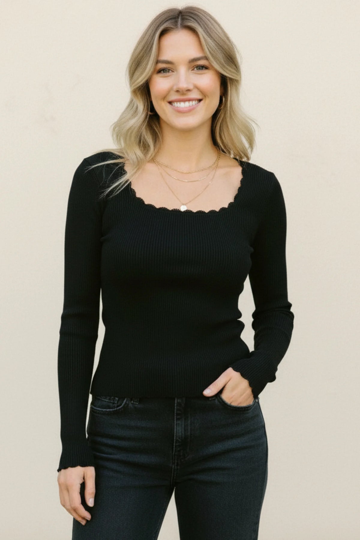 Gauge Rib Square Neck Lace Trim Top in Black Ribbed Knit
