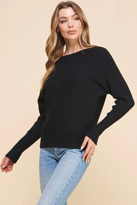 Black ribbed fine gauge pullover dolman with off-shoulder neckline