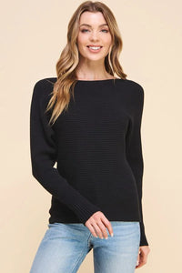 Black ribbed fine gauge pullover dolman with long sleeves and boat neckline