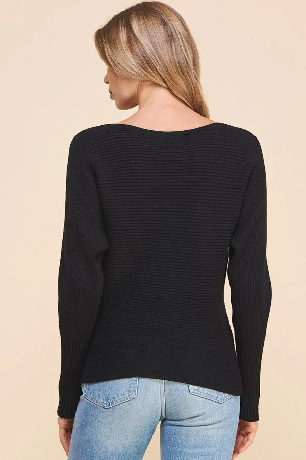 Black ribbed fine gauge pullover dolman long-sleeve sweater