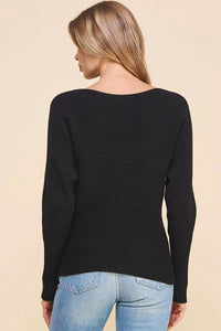 Black ribbed fine gauge pullover dolman long-sleeve sweater