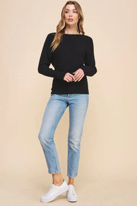 Black ribbed fine gauge pullover dolman top with boat neckline