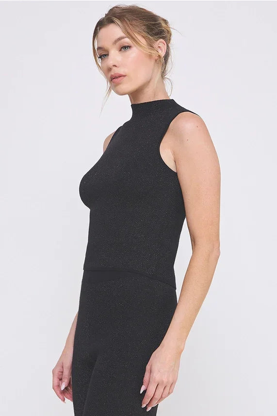Black ribbed soft Lurex gauge sleeveless mock neck top for stylish evening wear