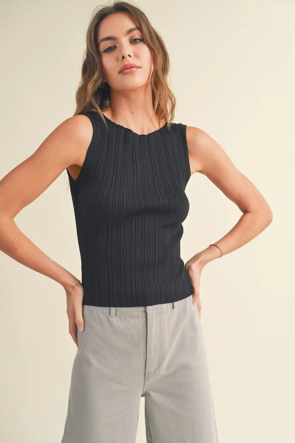 Black viscose ribbed knitted tank top from RIBBED KNITTED TOP, perfect for boho chic clothing