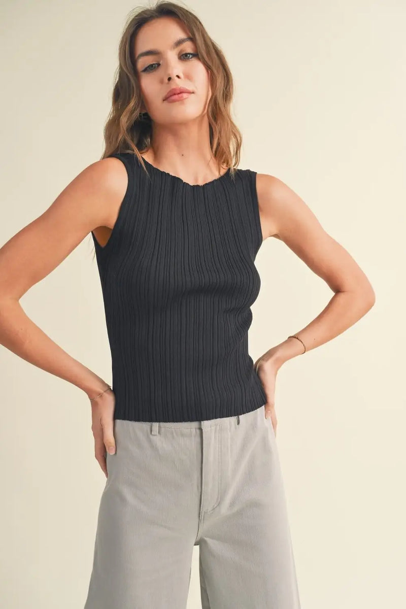 Black viscose ribbed knitted tank top from RIBBED KNITTED TOP, perfect for boho chic clothing