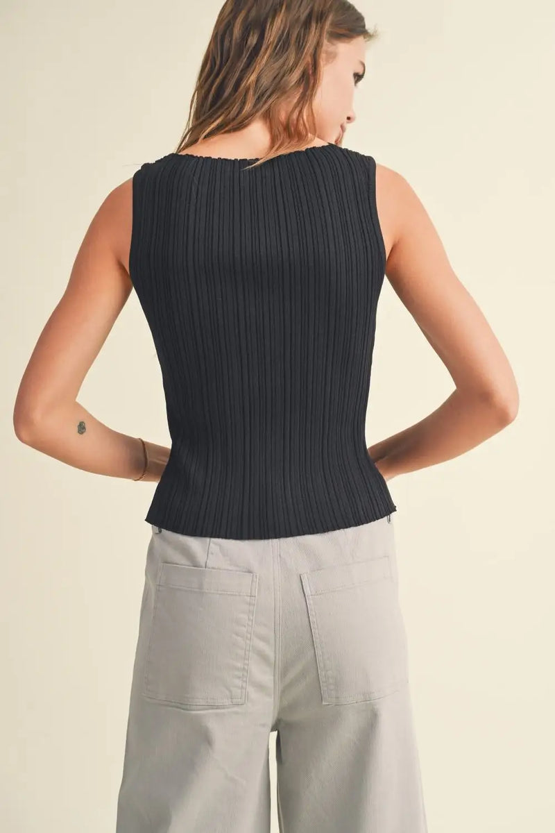 Black viscose ribbed knitted tank top from RIBBED KNITTED TOP, perfect for boho chic fashion