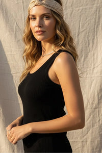 Miller tank top: black ribbed v-neck with thin straps for women’s boho chic clothing