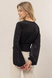 Black ribbed velvet crop top with balloon sleeves from Shop Daisy for women’s boho chic clothing