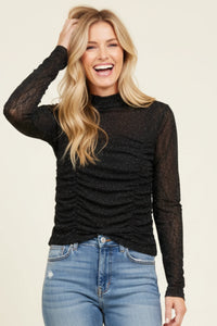 Black ruched long-sleeve top with scrunched princess seams