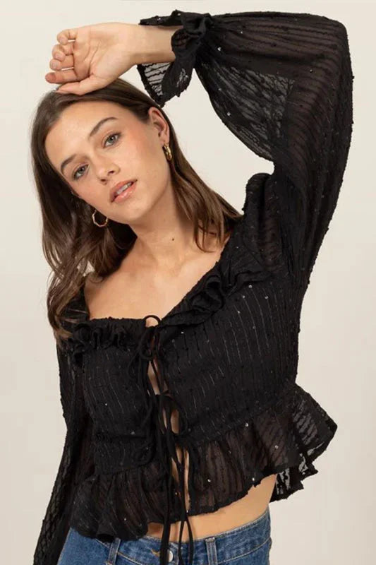 Black ruffled peasant crop top with long sleeves, perfect for women’s boho chic clothing