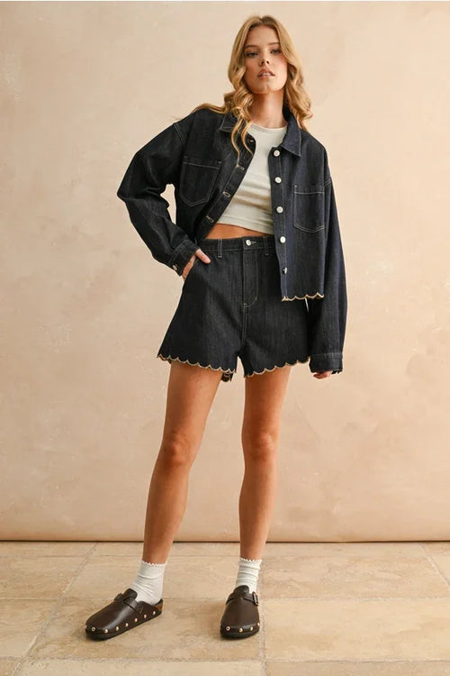 Black scalloped denim shorts with scallop embroidery jacket