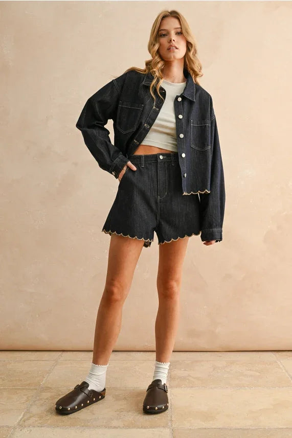 Black scalloped denim shorts with scallop embroidery jacket