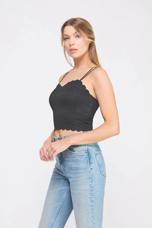 Whimsical trim black scalloped-edge crop top from Daisy Lane’s scallop edge bralette collection featuring a flirty silhouette