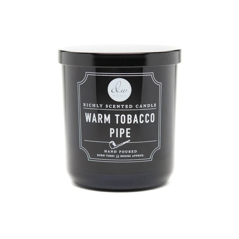 Black warm tobacco pipe candle jar with decorative design, labeled Warm Tobacco Pipe