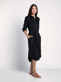 Black Button Down Denim Midi Dress with Rolled-Up Sleeves and Belted Waist