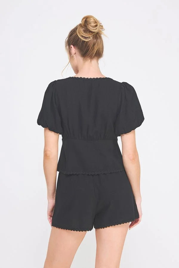 Black linen blend puff short set with puff short sleeve for stylish summer wear
