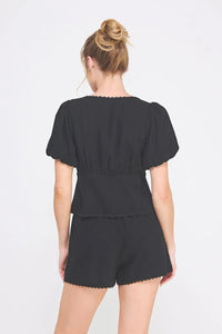 Black linen blend puff short set with puff short sleeve for stylish summer wear