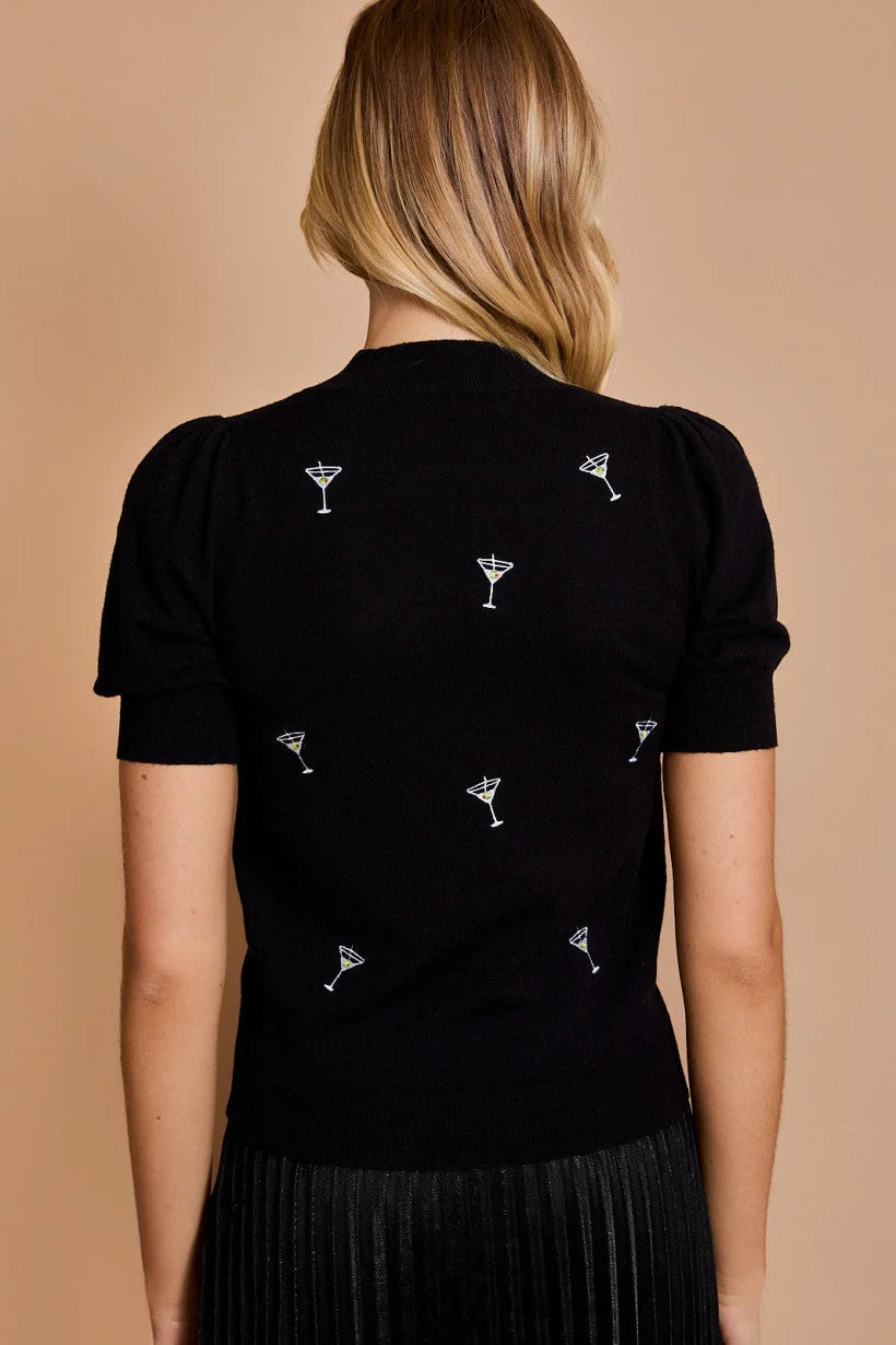 Black short-sleeved sweater with martini glass embroidery from Shop Daisy, women’s boho chic clothing