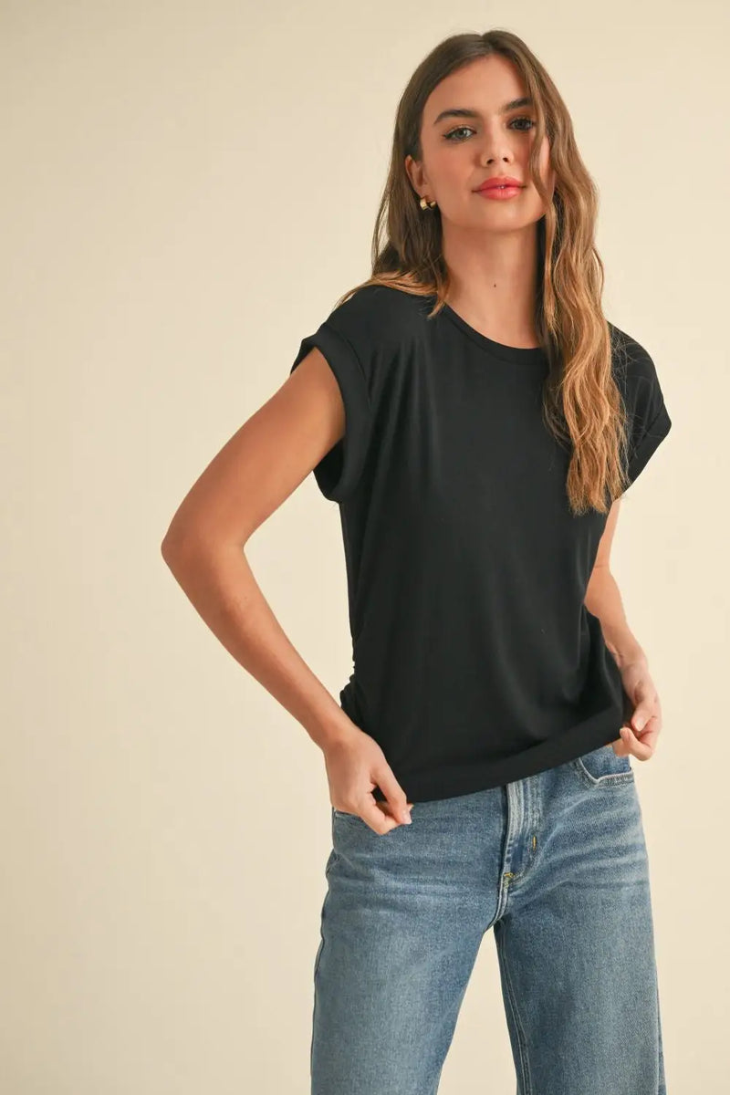 Black short-sleeved Ruching Detail Sleeve Top from Shop Daisy, ideal for women’s boho chic clothing