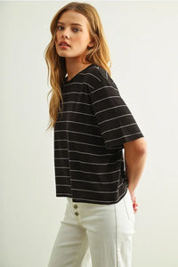 Black short-sleeved stripe cotton linen top with white horizontal stripes