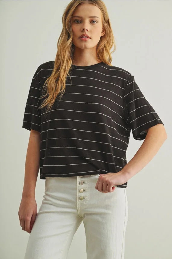 Black short-sleeved stripe cotton linen top with thin white stripes