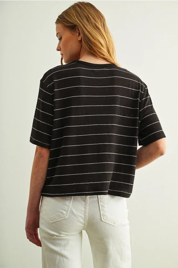 Black Stripe Cotton Linen Top with white horizontal stripes