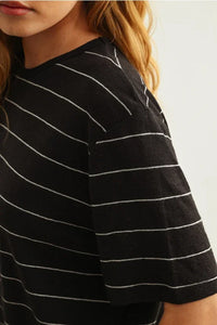 Black Stripe Cotton Linen Top with Horizontal White Stripes