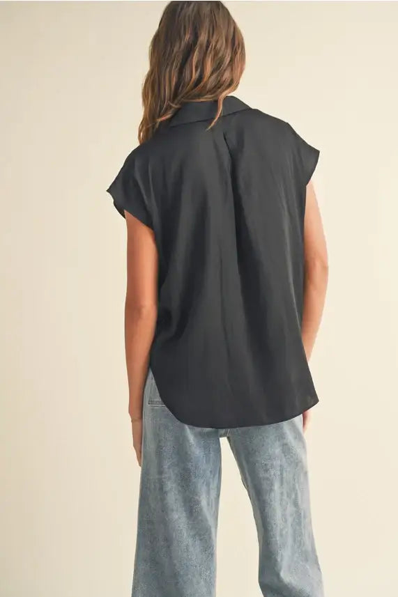 Black sleeveless collared cap sleeve shirt from the BUTTON DOWN CAP SLEEVE SHIRT collection