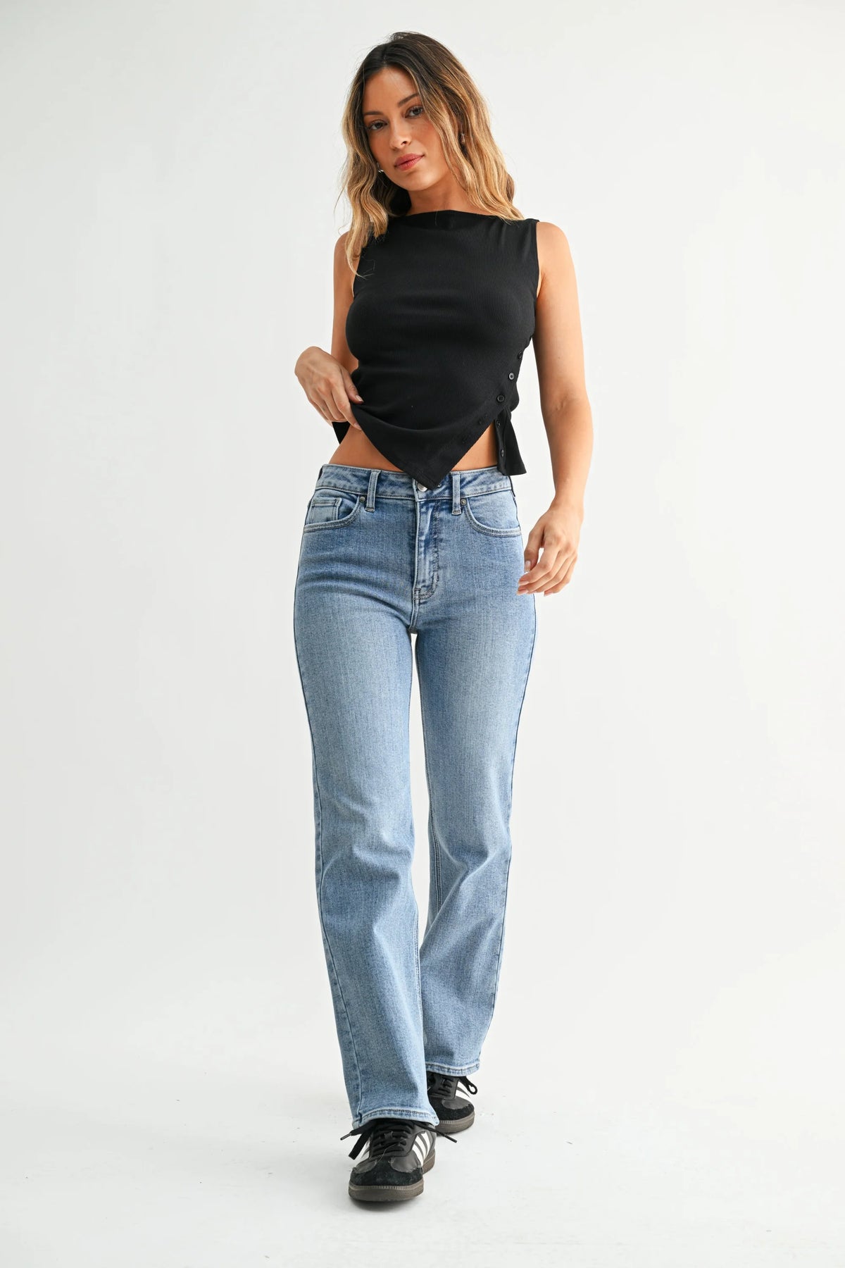 Black Sleeveless Crop Top with Mid Rise Straight Leg Denim Jeans