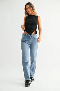 Black Sleeveless Crop Top with Mid Rise Straight Leg Denim Jeans