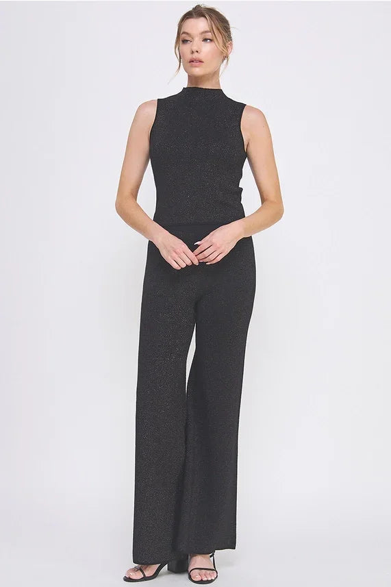 Soft lurex gauge sleeveless mock neck top with wide-leg pants set for elegant style