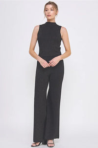 Soft lurex gauge sleeveless mock neck top with wide-leg pants set for elegant style