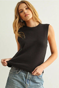 Black sleeveless cotton round neck top in relaxed fit