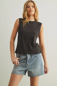 Black sleeveless cotton round neck top with relaxed fit and faded texture