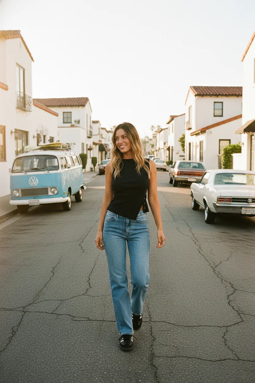 Black ribbed sleeveless top with mid rise straight leg denim jeans