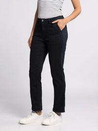Thread and Supply Alanis Pant: Black straight-leg jeans with white sneakers and striped top