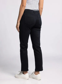 Thread and Supply Alanis Pant: black straight-leg jeans with white sneakers and striped shirt